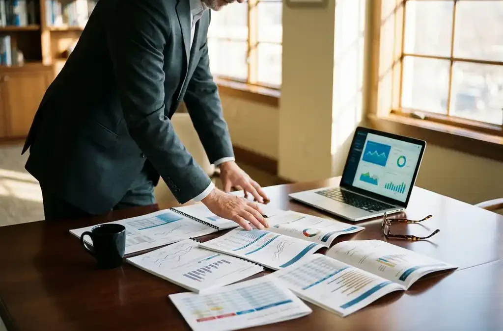 Zakelijke executive bestudeert prestatiediagrammen en analytische dashboards op houten vergadertafel met koffie en laptop