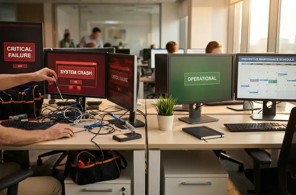 Twee IT-werkstations naast elkaar, links met rommelige rode waarschuwingen en reparatiegereedschap, rechts georganiseerd met groene statusindicatoren