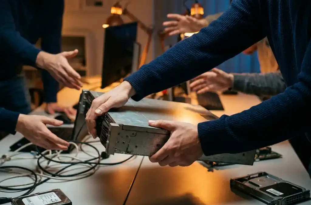Zakelijke handen beschermen fysieke server tegen grijpende handen in warm verlicht kantoor