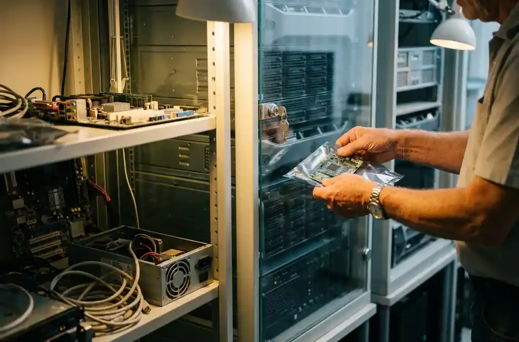 Senior ICT-professional organiseert servercomponenten en printplaten in beveiligde glazen kast terwijl andere apparatuur onbeschermd op planken staat