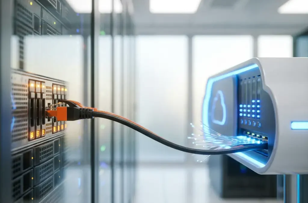 Netwerkkabel verbindt traditionele serverrack met moderne cloud-infrastructuur in datacenter met amber en blauwe verlichting
