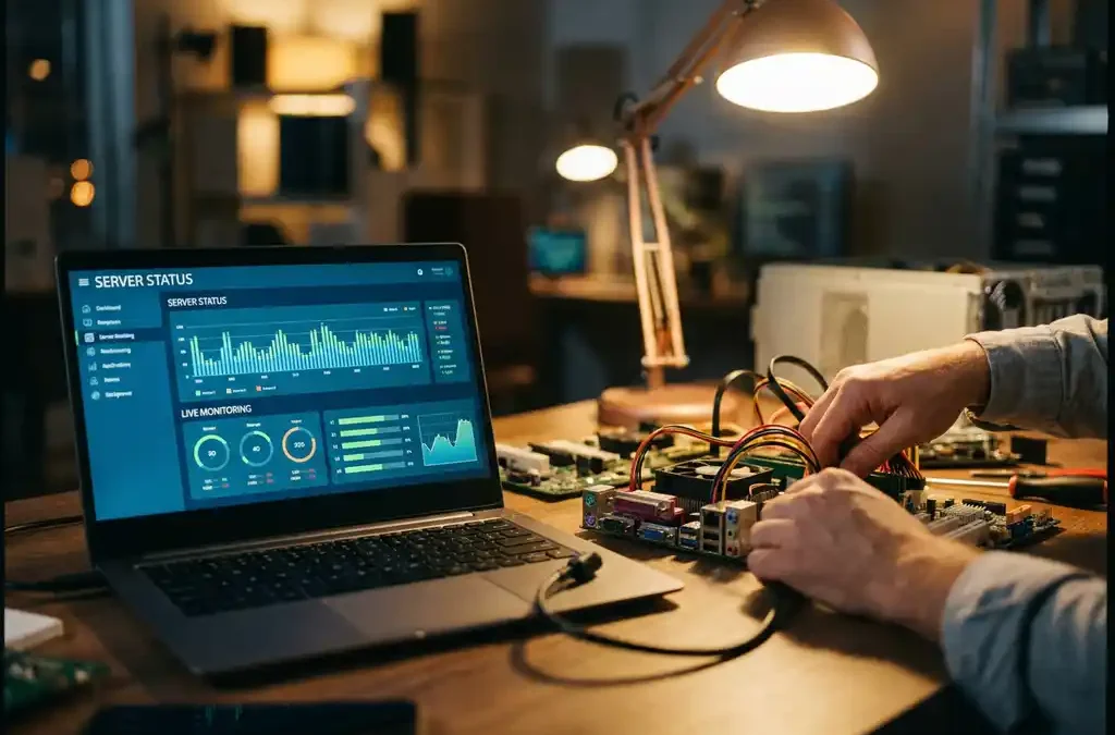 Technicus werkt aan computerhardware terwijl laptop servermonitoring dashboards toont op bureau met warme kantoorverlichting