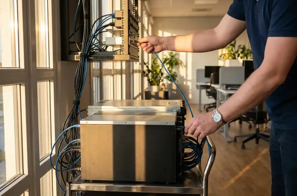 IT-manager verbindt ethernetkabels tussen externe serverrack en kantoornetwerkpaneel in warm gouden licht