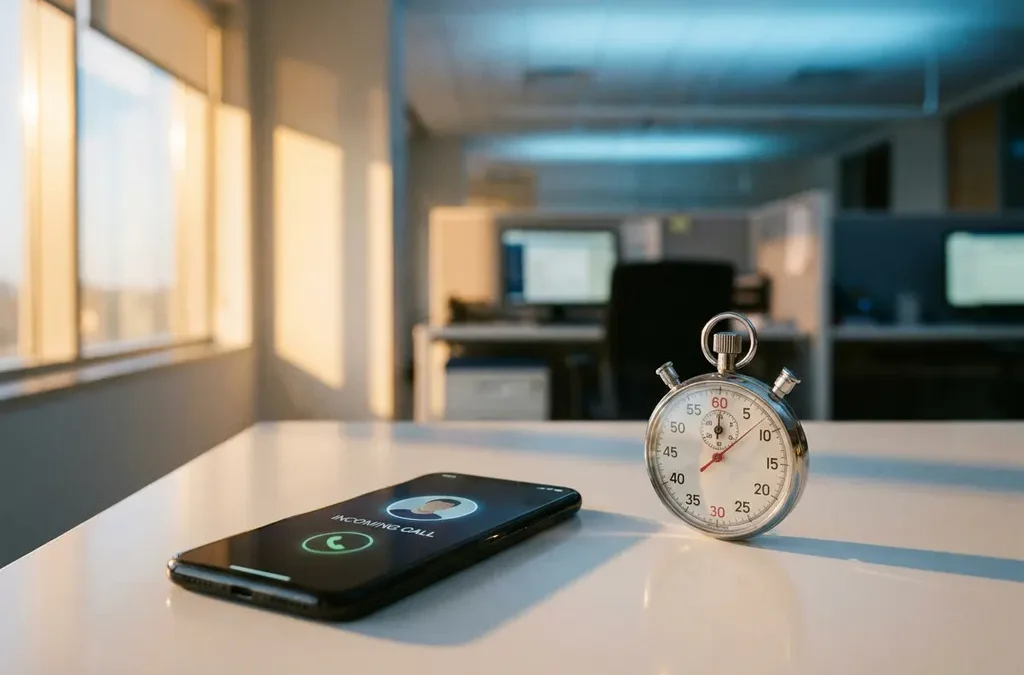Smartphone met inkomende oproep naast analoge stopwatch op wit bureau in modern kantoor met natuurlijk zonlicht