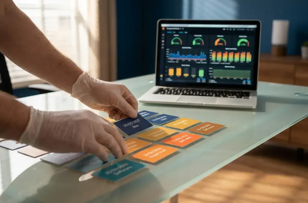 IT-technicus rangschikt kleurrijke software-update planningskaarten op glazen bureau met laptop op achtergrond