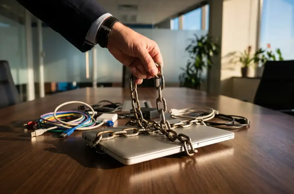 Zakenman verwijdert metalen ketting van laptop op houten vergadertafel met kleurrijke USB-kabels en netwerkconnectoren