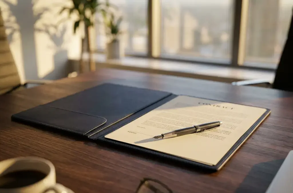 Zakelijk contract open op donkere houten vergadertafel met zilveren pen op handtekeningpagina, natuurlijk licht