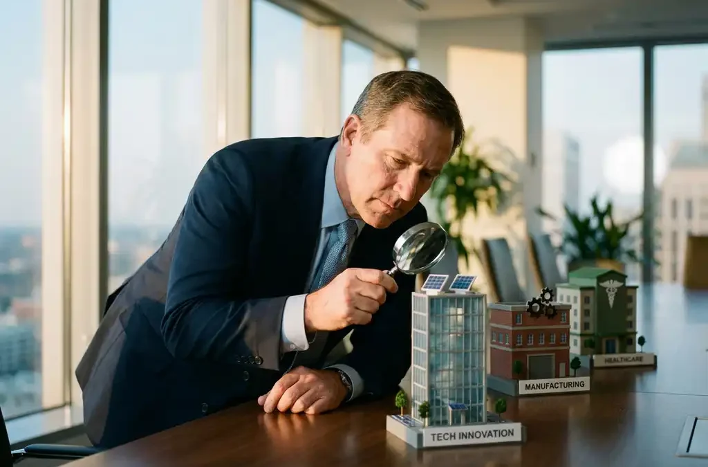 Zakenman in pak bestudeert miniatuur kantoorgebouwen op conferentietafel, verschillende bedrijfssectoren vertegenwoordigend