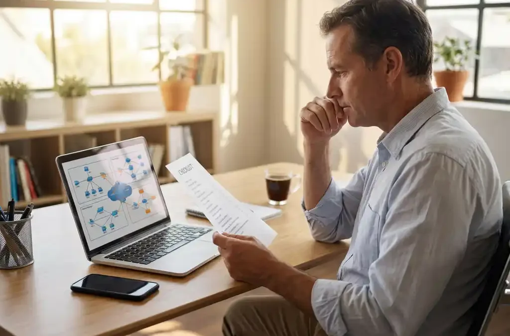 Ondernemer bestudeert checklist aan modern bureau met laptop met netwerkdiagrammen, smartphone en koffiekop in kantoor