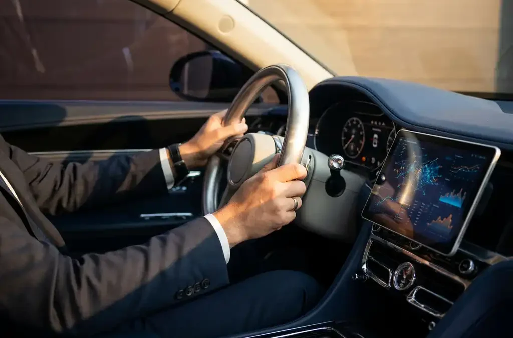 Zakelijke handen aan zilveren stuurwiel van moderne auto met tablet op dashboard met netwerkdiagrammen in warm zonlicht