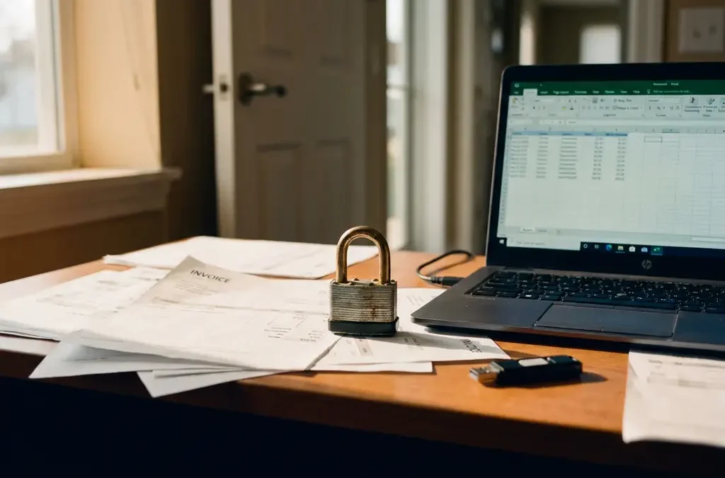 Hangslot op een bureau met facturen, laptop en USB-stick; op de achtergrond een op een kier staande kantoor deur.