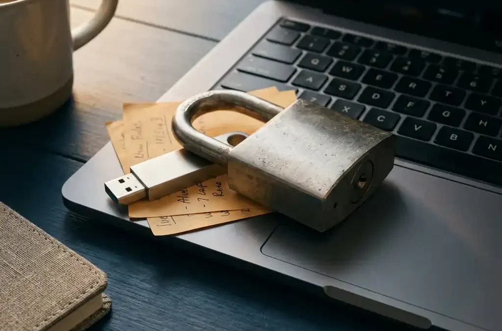 Stalen hangslot op laptoptoetsenbord met USB-stick en documenten, symbool voor digitale gegevensbeveiliging.