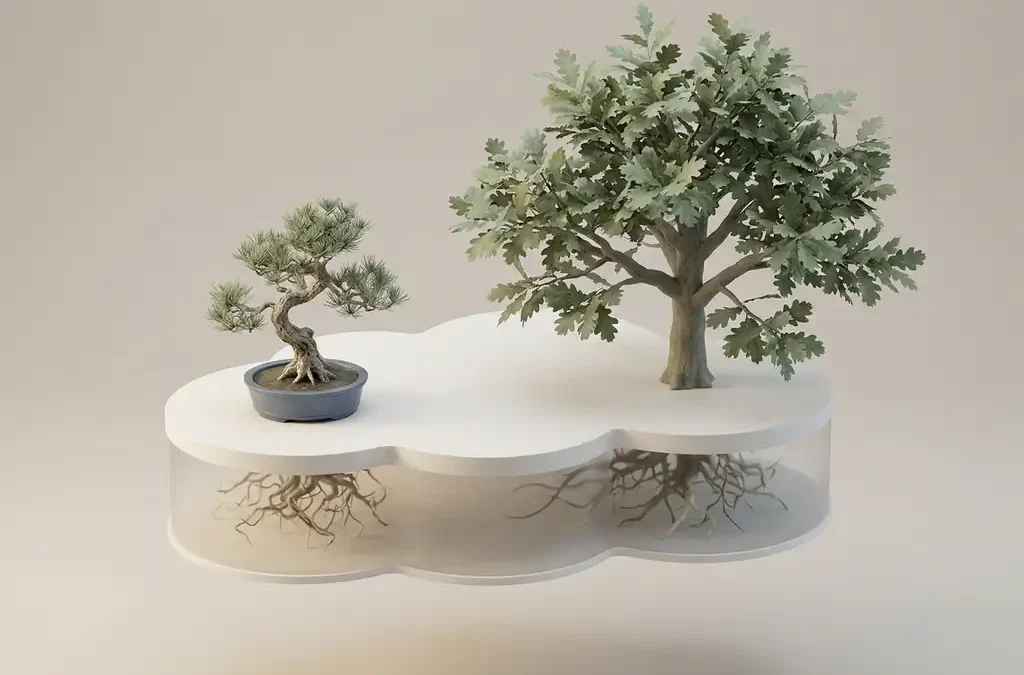 Bonsaiboom en grote eik naast elkaar op een wolkvormig wit platform met zichtbare wortels, zachte studio-achtergrond.