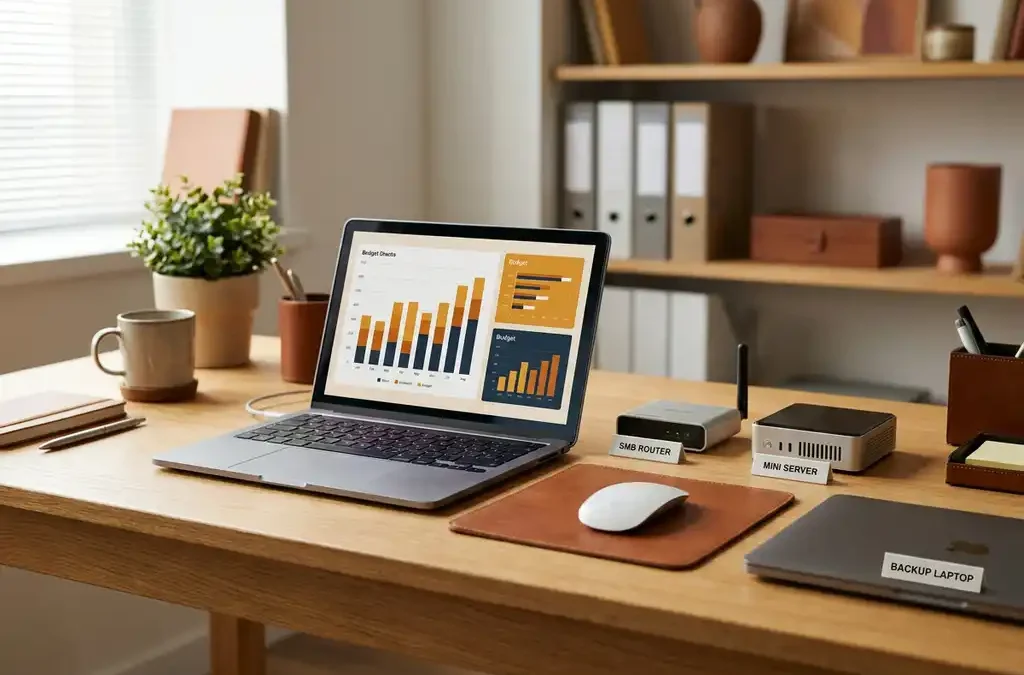 Eiken bureau met laptop met kleurrijke budgetgrafieken, omringd door een router, server en netwerkapparatuur in warm kantoorlicht.