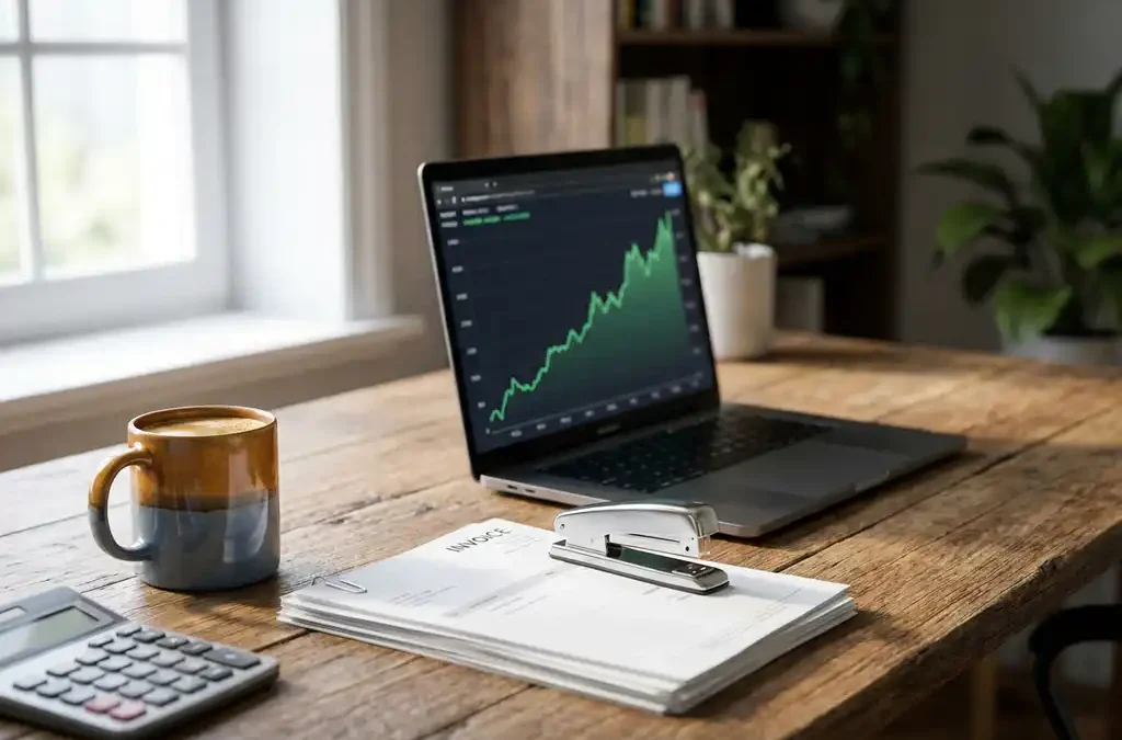 Opgeruimd kantoorbureau met laptop met stijgende grafiek, facturen onder een zilveren nietmachine en een calculator naast een koffiemok.