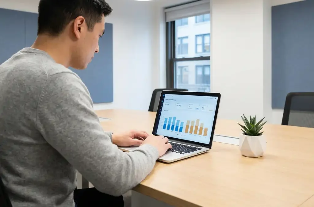 Ondernemer bekijkt cloud kostenanalyse op laptop aan minimalistisch bureau met succulent, in rustig blauw-wit kantoor.