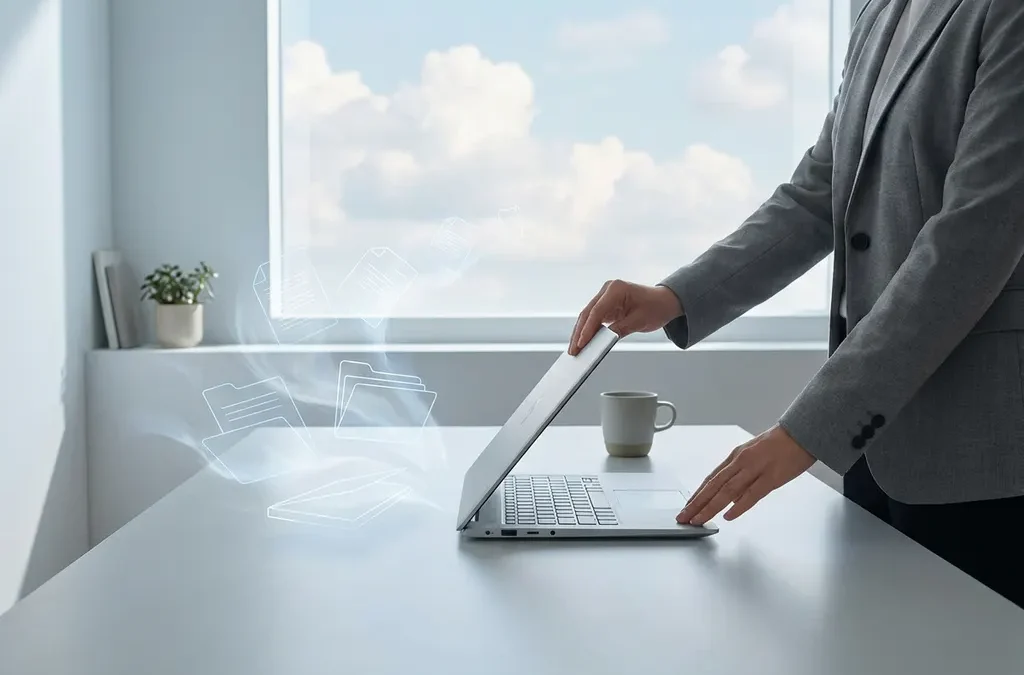 Professional opent laptop aan minimalistisch bureau met groot raam, zachte wolken zichtbaar, bestanden lossen visueel op in de lucht.