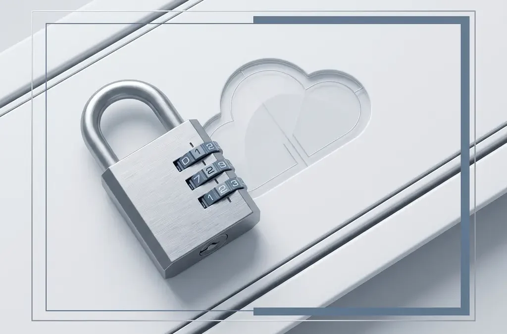 Combinatieslot op wit serverrackpaneel met wolkvorm, symbool voor cloudbeveiliging en dataprotectie.