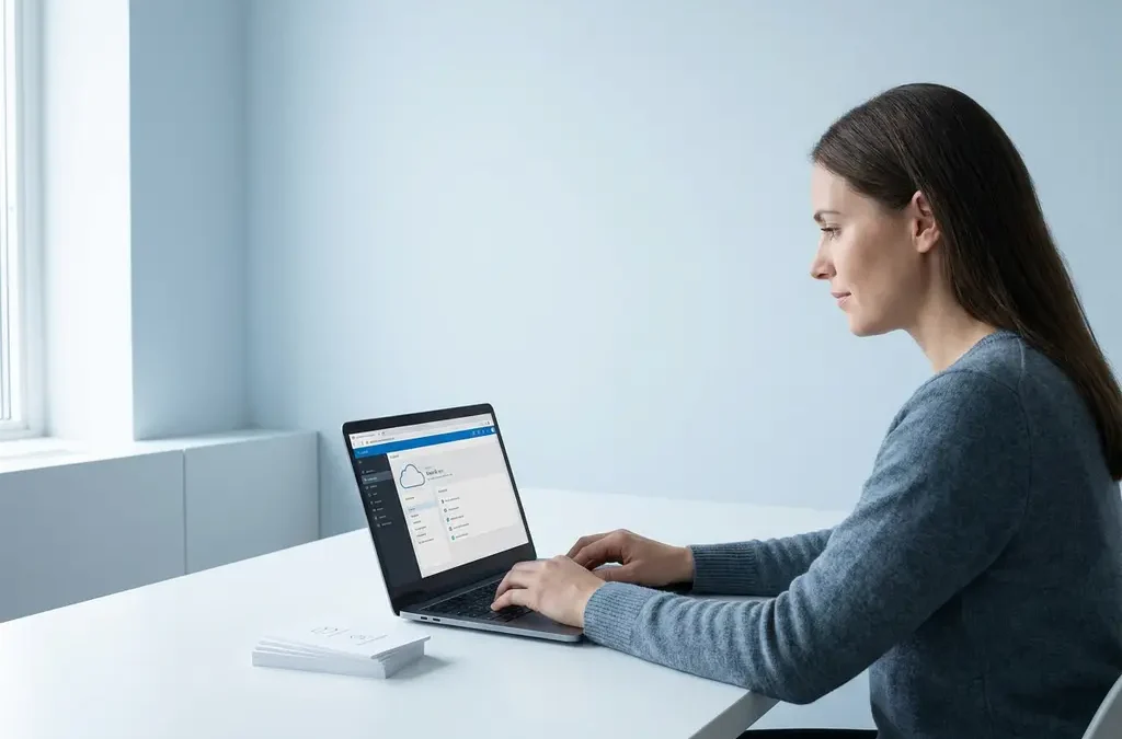 Professional aan wit bureau studeert cloudsoftware op laptop met referentiekaarten, rustige minimalistische werkruimte in blauw-witte tinten.
