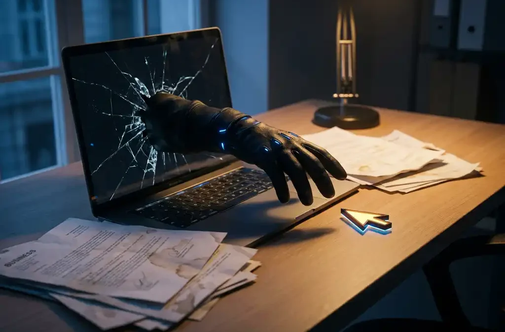 Gehandschoende hand die door een gebarsten laptopscherm reikt naar een cursor, met zakelijke documenten op een kantoorbureau.