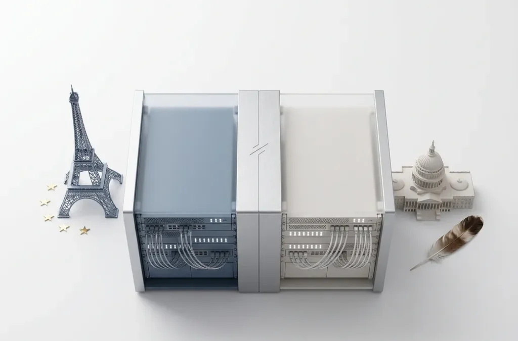 Serverrack geflankeerd door miniatuur Eiffeltoren en Capitool, symboliseert EU-VS dataverschillen op wit bureauoppervlak.
