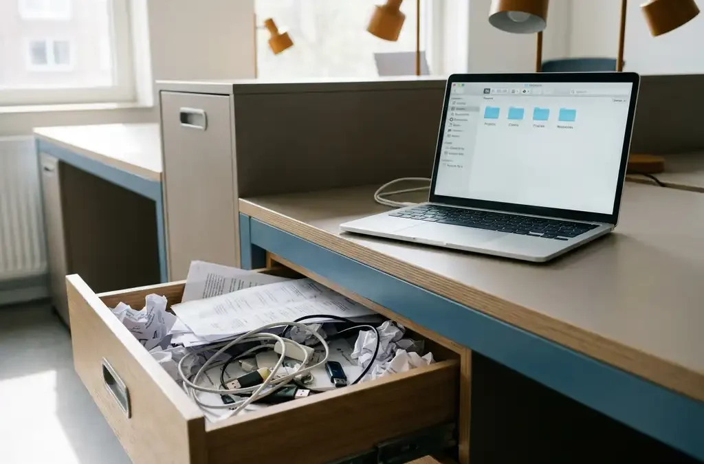 Rommelige bureaulade vol verspreid papier en USB-sticks naast laptop met geordende mappenstructuur in modern kantoor in Eindhoven.
