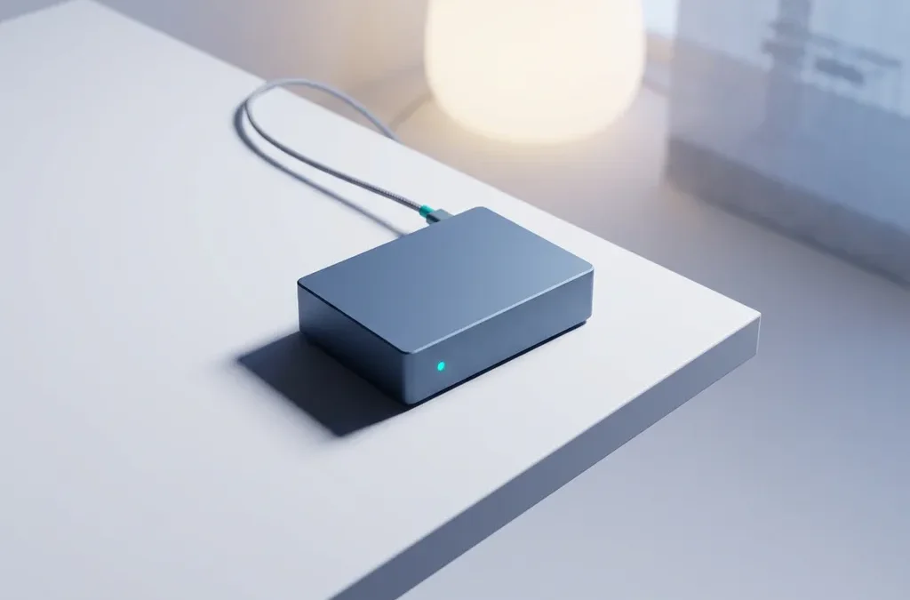 Compacte edge server node op wit bureau, verbonden via dunne kabel met gloeiend apparaat op achtergrond, blauw-wit kleurenpalet.