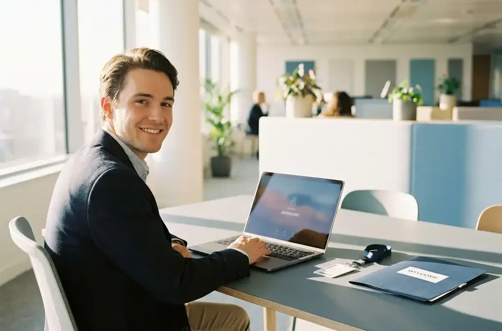 Nieuwe medewerker logt in op laptop op eerste werkdag, met toegangspas en welkomstmap op modern bureau in open kantooromgeving.
