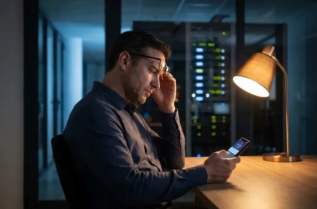 Gefrustreerde ondernemer bekijkt 's nachts een melding op zijn telefoon aan een modern bureau, serverrack zichtbaar op de achtergrond.
