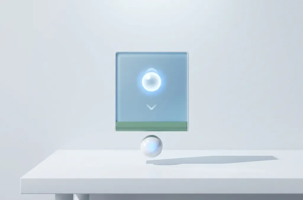 Energiemeter op wit bureau toont dalend verbruik naast gloeiende serverbol in blauw-groen minimalistische kantooromgeving.