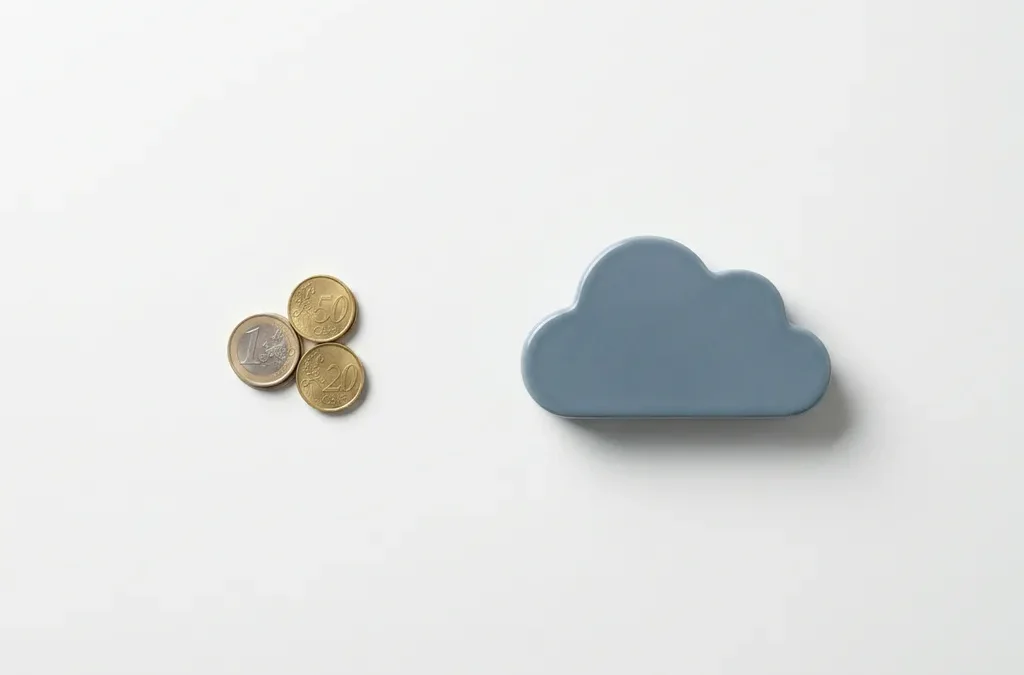 Stapel euromunten naast een minimalistische wolkvorm op wit bureau, bovenaanzicht met zachte schaduwen.