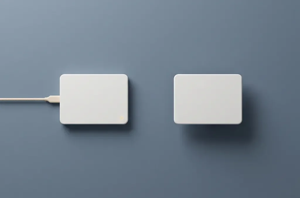 Twee witte externe harde schijven op minimalistisch bureau, één aangesloten via kabel, één zwevend met zachte schaduw, bovenaanzicht.