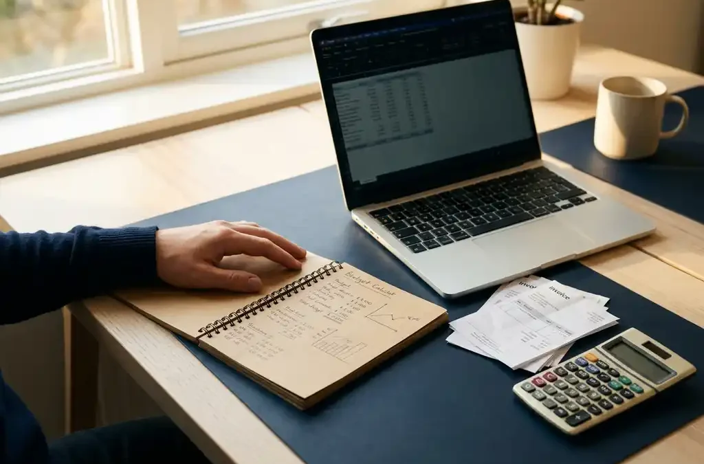 Nette kantoorwerkplek met laptop, facturen, rekenmachine en notitieboek met budgetnotities in warm wit en marineblauw licht.