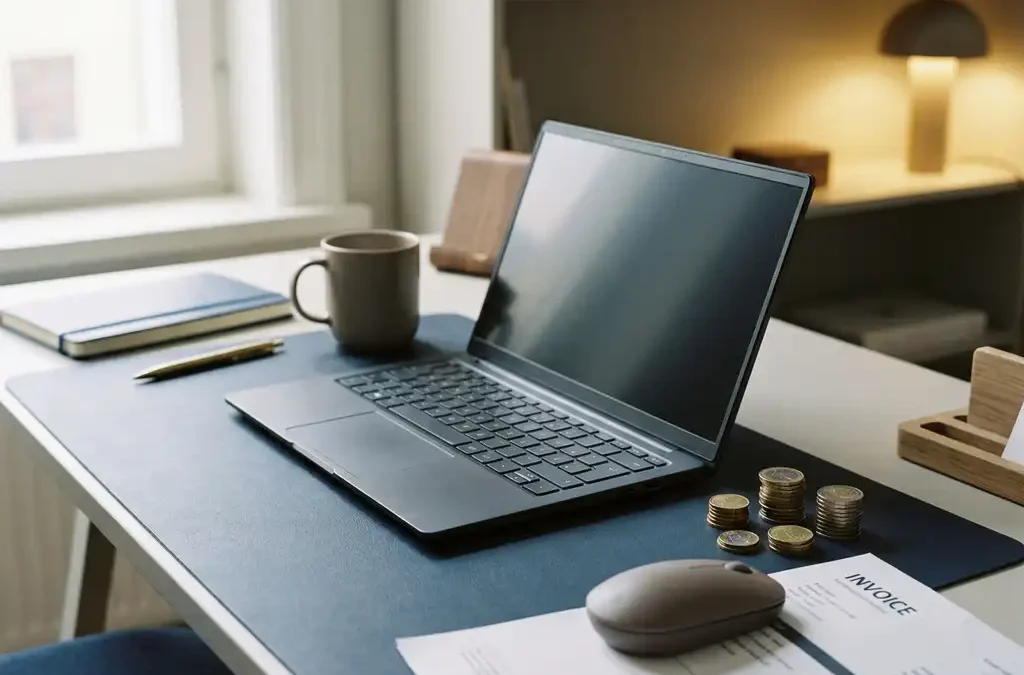 Moderne kantaartafel met euromuntjes, laptop en gedeeltelijk zichtbare factuur onder draadloze muis, zachte natuurlijke belichting.