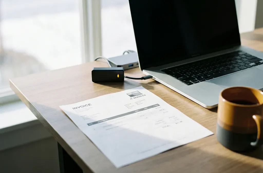 Gedrukte IT-factuur op modern bureau naast laptop en serverindicatielampje in professionele kantooromgeving.