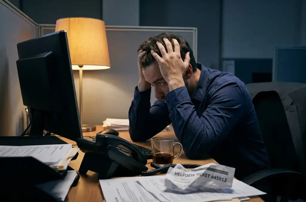 Gefrustreerde kantoormedewerker voor een zwart beeldscherm, telefoonhoorn naast koud koffiekopje, onbeantwoord helpdesk-ticket op bureau.