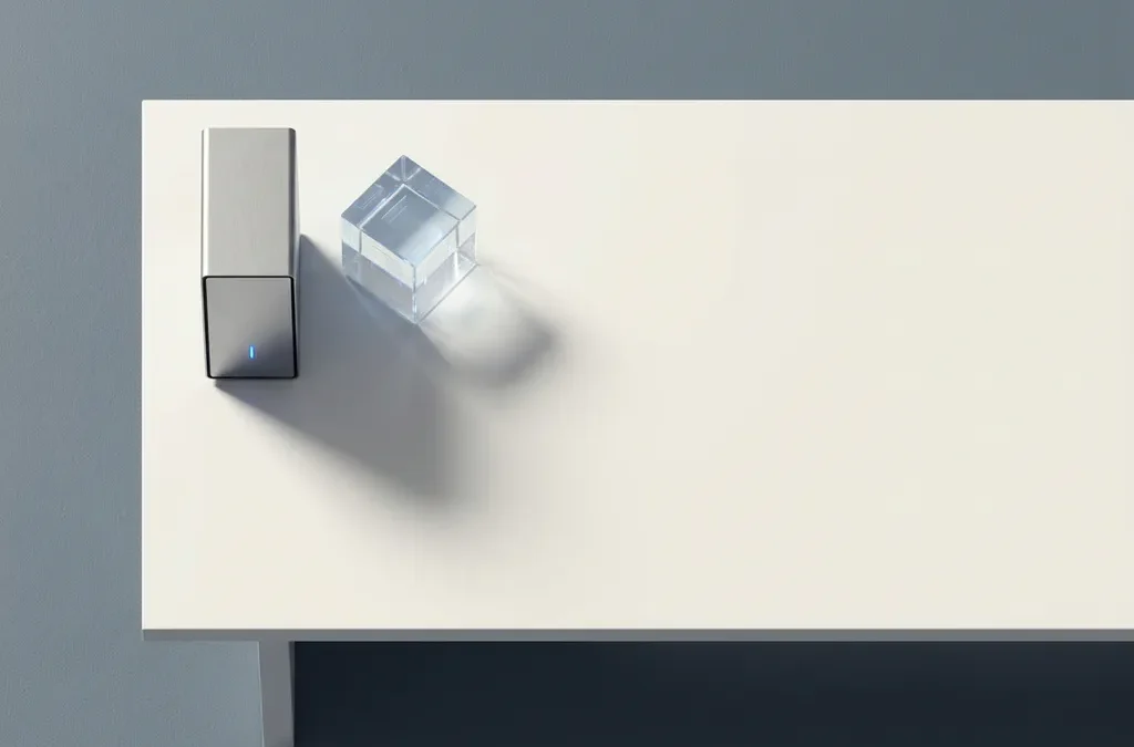 Fysieke servertoren naast glazen kubus die cloudinfrastructuur symboliseert, op wit bureau in blauw-grijze studiobelichting.