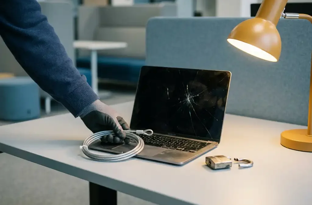 Gebarsten laptopscherm met gebroken hangslot op kantoorbureau, technicus legt beveiligingskabel neer bij cybersecurity herstel.