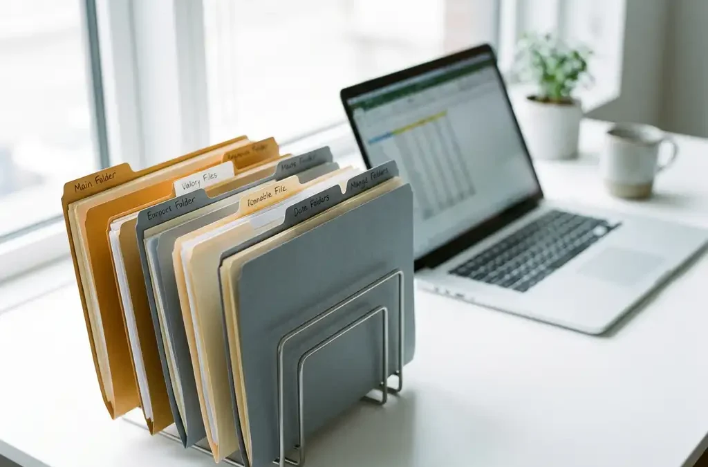 Gelabelde mappen op kleur gesorteerd in metalen maphouder op wit bureau, laptop op de achtergrond, natuurlijk zijlicht.