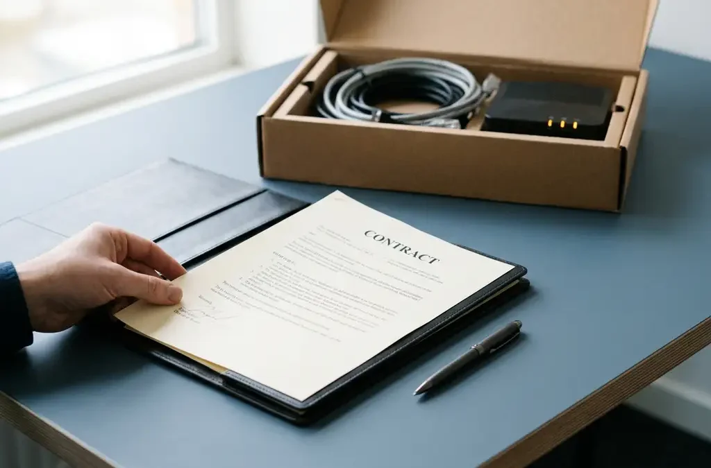 Ondertekend contract dat over een modern bureau wordt geschoven, pen ernaast, ingepakte doos met kantoorapparatuur op de achtergrond.