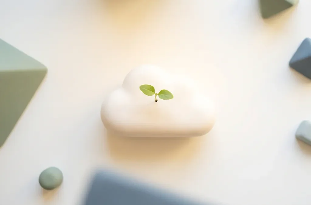 Groen zaailing in een wolkvormige witte keramieken pot op een wit bureau, minimalistisch bovenaanzicht met zachte geometrische schaduwen.