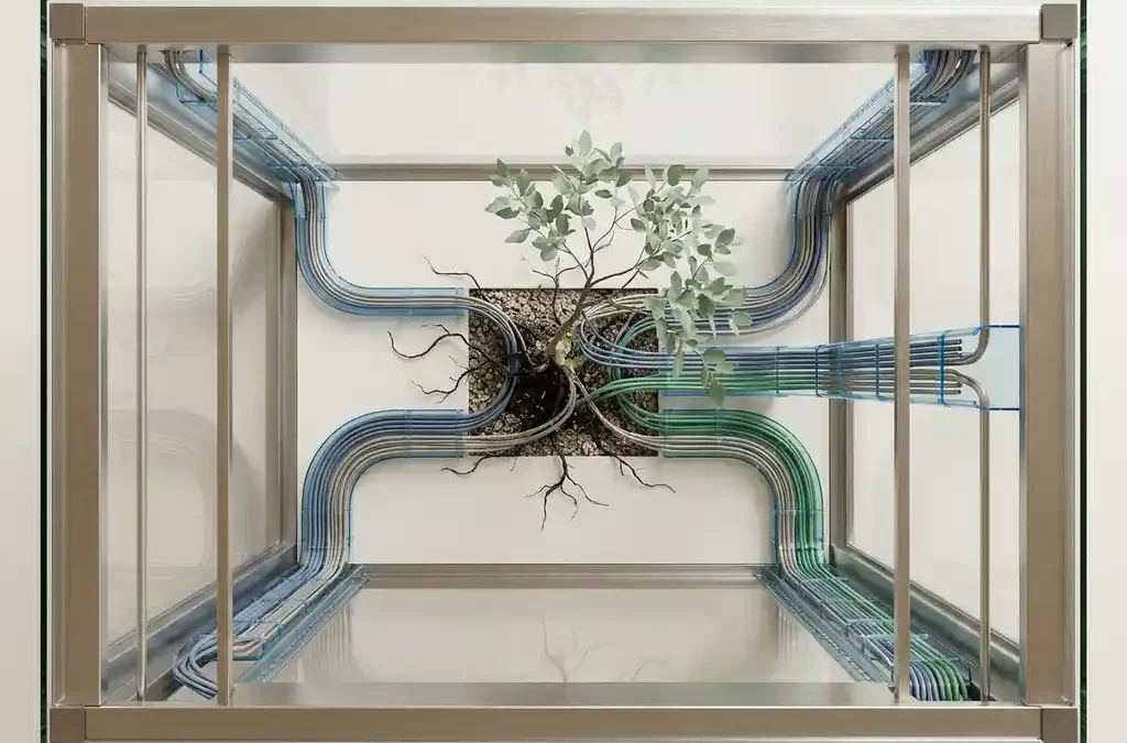 Jonge boom met wortels in een glazen serverrack, symboliseert duurzame digitale groei, salie groen en leisteen blauw palet.