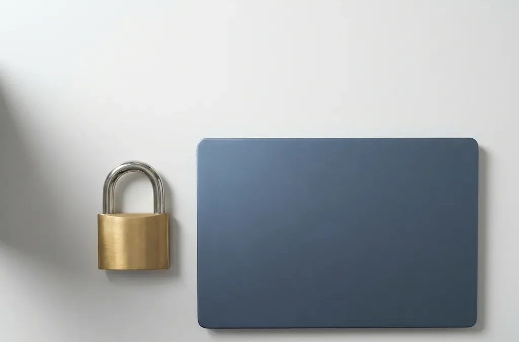 Gouden hangslot naast een laptop op wit bureau, symbool van digitale beveiliging en vertrouwen.