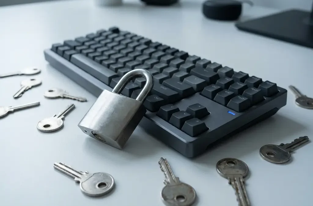 Stalen hangslot op modern toetsenbord omringd door identieke sleutels op wit bureau, symbool voor wachtwoordhergebruik.