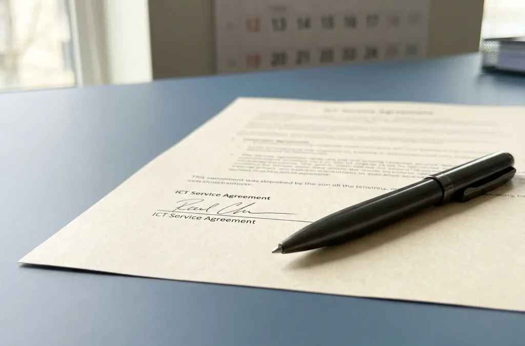 Ondertekend ICT-servicecontract op modern kantoorbureau met pen, kalender op de achtergrond, natuurlijk daglicht.