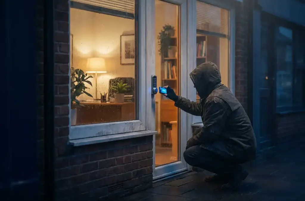 Gehurkte gemaskerde figuur kraakt digitaal slot op glazen deur van verlicht kantoor, donkere straat met navy en amber tinten.
