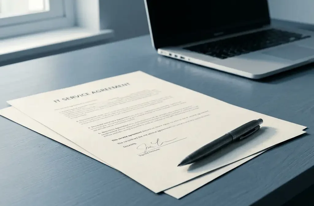 Ondertekend IT-servicecontract op modern bureau met pen, laptop op achtergrond, natuurlijk raamlicht.