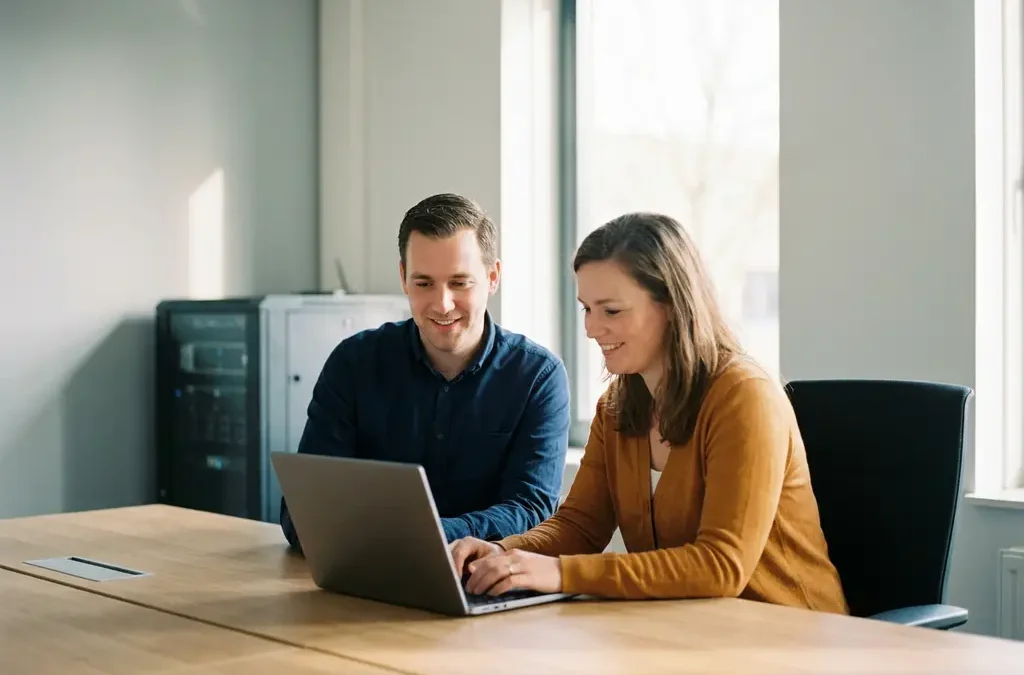 IT-supporttechnicus en mkb-ondernemer bekijken samen een laptop op een modern kantoor in Eindhoven.