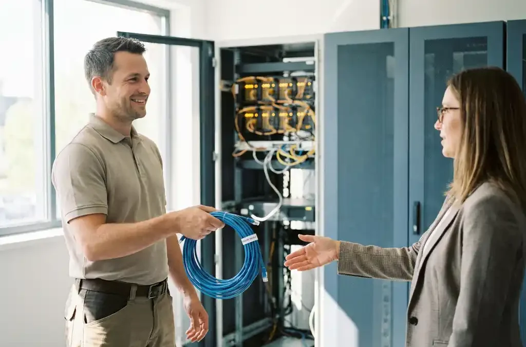 IT-technicus overhandigt gelabelde netwerkkabel aan bedrijfseigenaar in modern kantoor met zichtbare serverracks op de achtergrond.