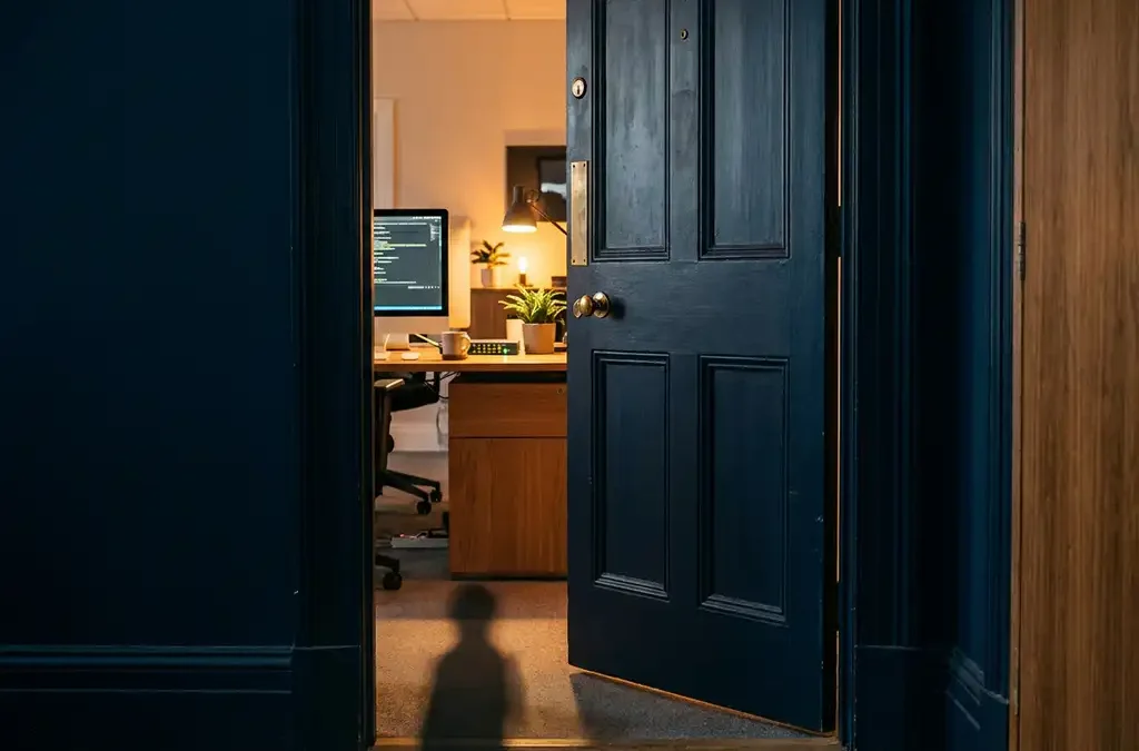Kantoordeur op een kier met zichtbaar sleutelgat, onthult een modern MKB-werkruimte met desktop en netwerkswitch in warm amberkleurig licht.